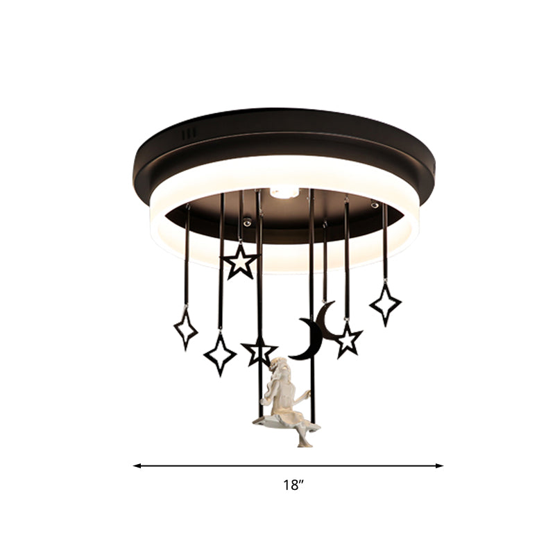 Romantic Black Circle Flush Ceiling Light With Star And Fairy Acrylic Led Lamp - Ideal For Boutiques