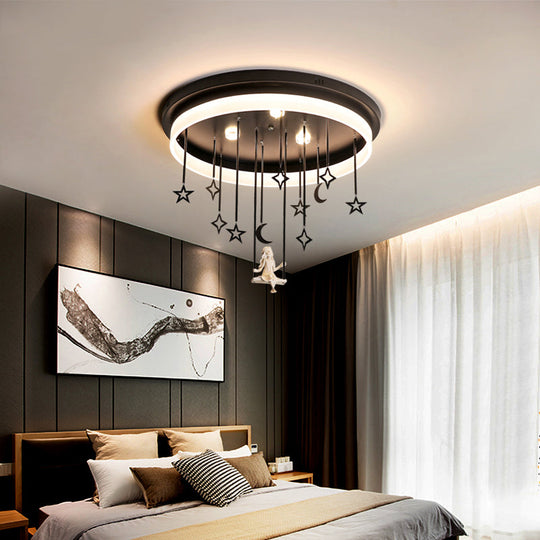 Romantic Black Circle Flush Ceiling Light With Star And Fairy Acrylic Led Lamp - Ideal For Boutiques