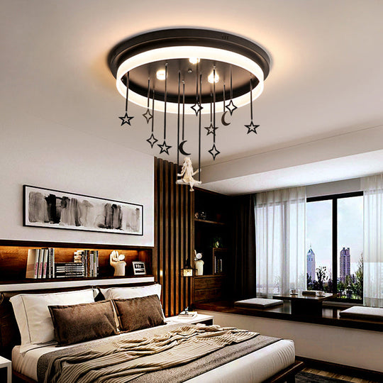 Romantic Black Circle Flush Ceiling Light With Star And Fairy Acrylic Led Lamp - Ideal For Boutiques