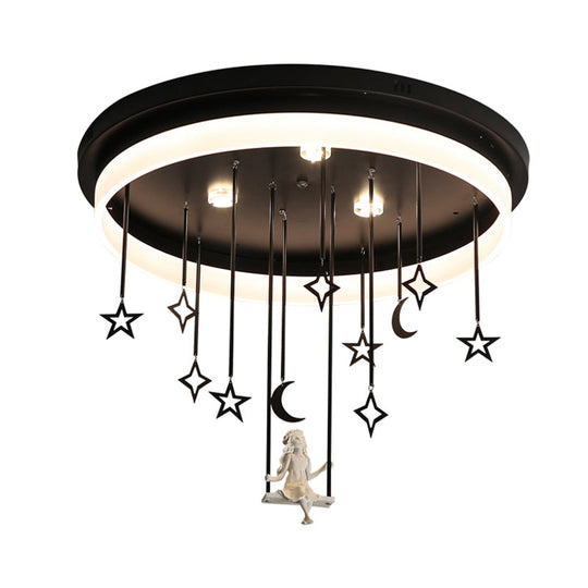 Romantic Black Circle Flush Ceiling Light With Star And Fairy Acrylic Led Lamp - Ideal For Boutiques