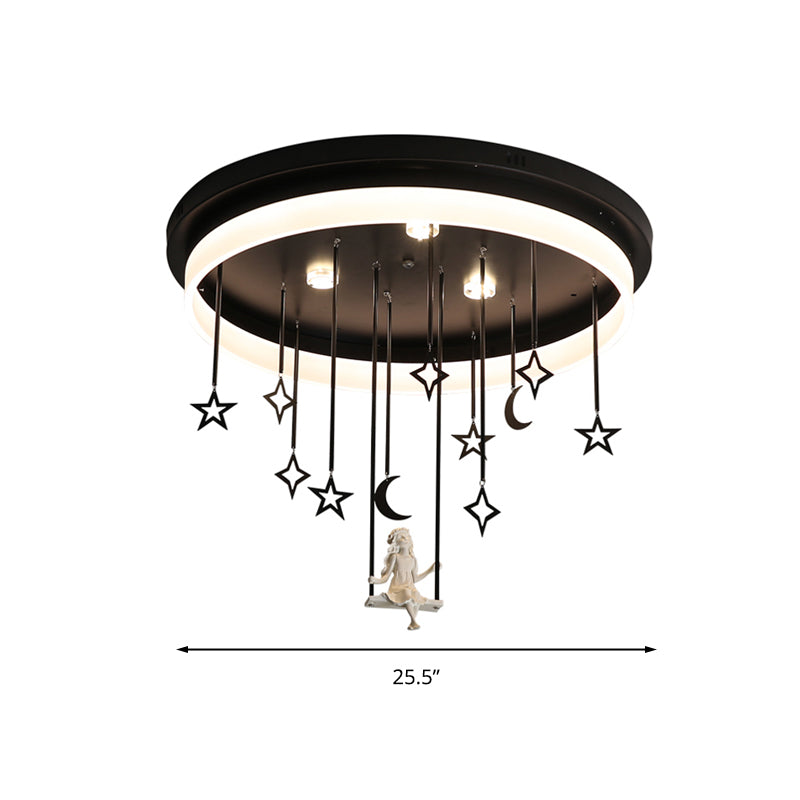 Romantic Black Circle Flush Ceiling Light With Star And Fairy Acrylic Led Lamp - Ideal For Boutiques