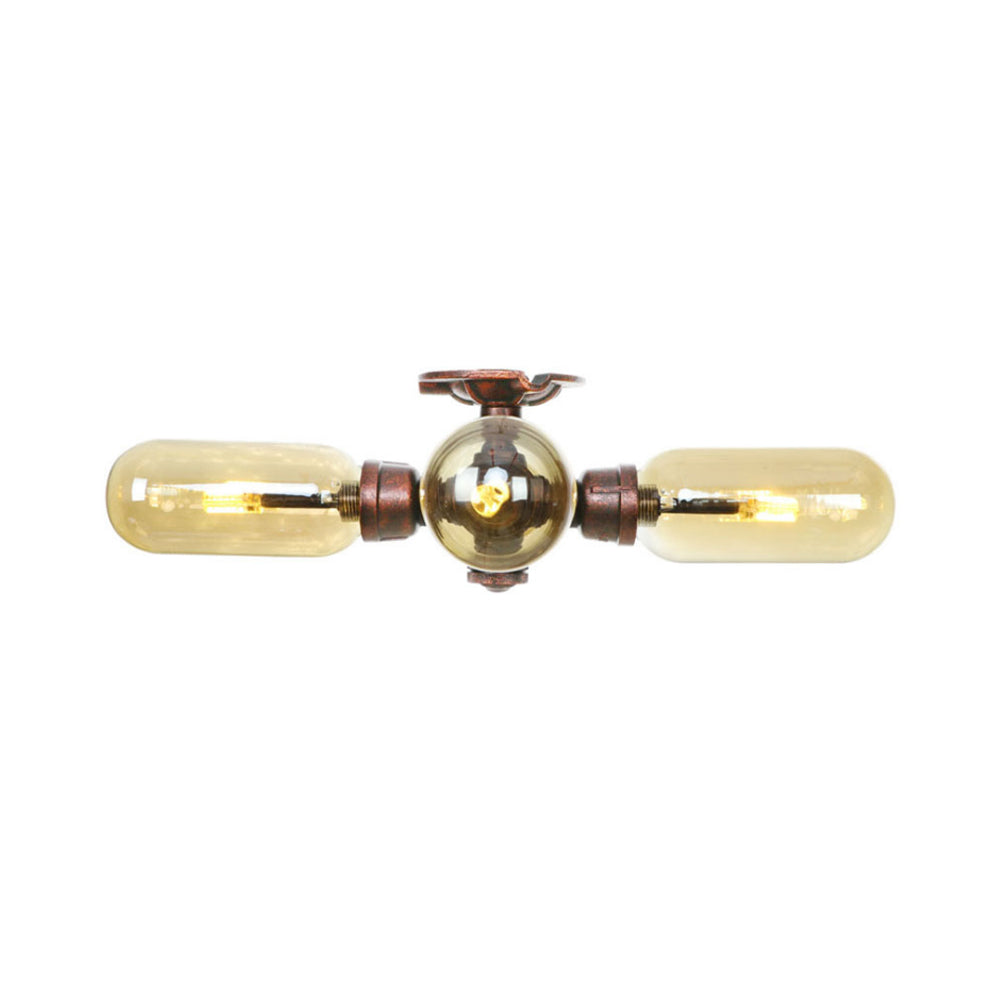 Industrial Style Amber Glass Semi Flush Mount Ceiling Light with Weathered Copper Finish - 3/4/5 Lights