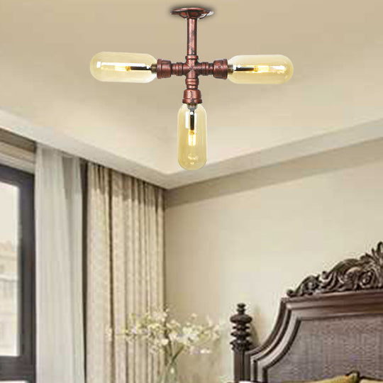 Industrial Style Amber Glass Semi Flush Mount Ceiling Light with Weathered Copper Finish - 3/4/5 Lights