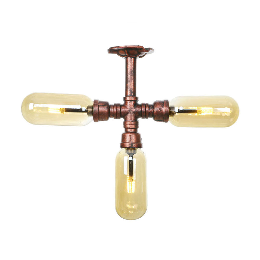 Industrial Style Amber Glass Semi Flush Mount Ceiling Light with Weathered Copper Finish - 3/4/5 Lights