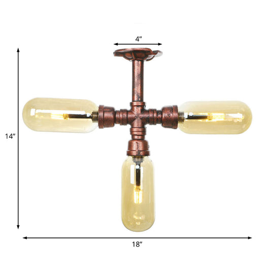 Industrial Style Amber Glass Semi Flush Mount Ceiling Light with Weathered Copper Finish - 3/4/5 Lights