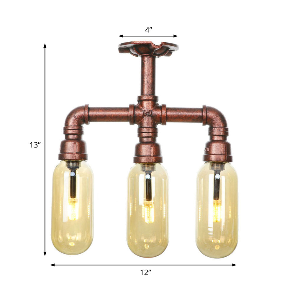 Industrial Style Amber Glass Semi Flush Mount Ceiling Light with Weathered Copper Finish - 3/4/5 Lights