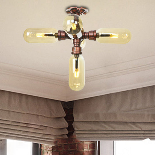 Industrial Style Amber Glass Semi Flush Mount Ceiling Light with Weathered Copper Finish - 3/4/5 Lights