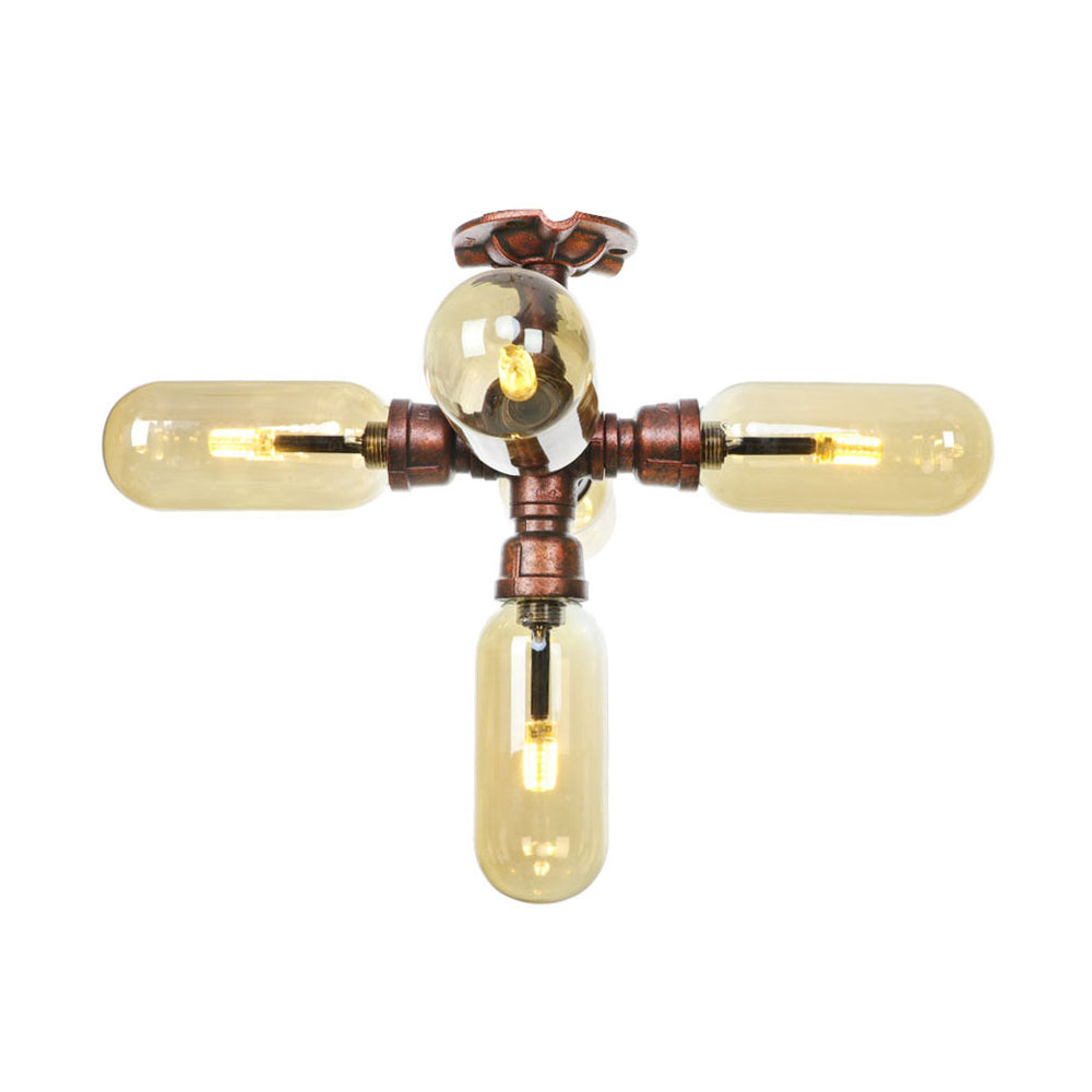 Industrial Style Amber Glass Semi Flush Mount Ceiling Light with Weathered Copper Finish - 3/4/5 Lights