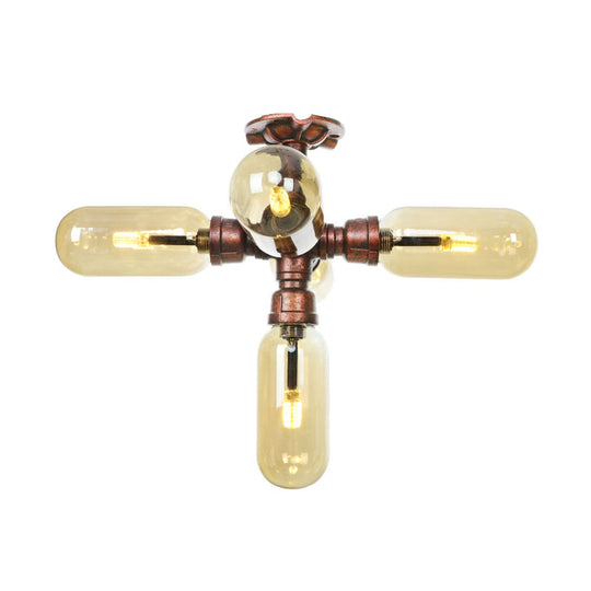 Industrial Style Amber Glass Semi Flush Mount Ceiling Light With Weathered Copper Finish - 3/4/5