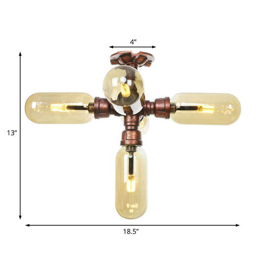 Industrial Style Amber Glass Semi Flush Mount Ceiling Light With Weathered Copper Finish - 3/4/5