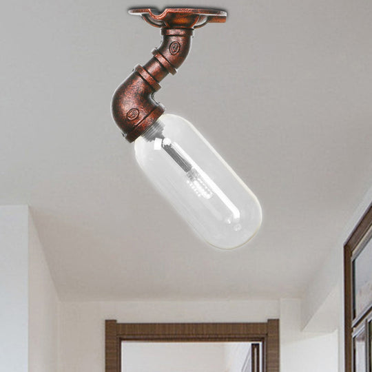 Rustic Copper Single Light Industrial Ceiling Fixture with Clear Glass Capsule Shade and Pipe Design