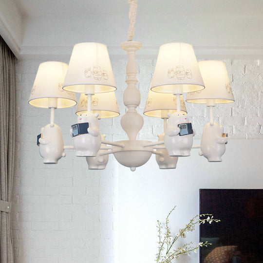 Cartoon Tapered Shade Hanging Lights - 6-Light Fabric Chandelier In White For Living Room