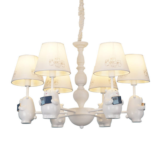 Cartoon Tapered Shade Hanging Lights - 6-Light Fabric Chandelier In White For Living Room