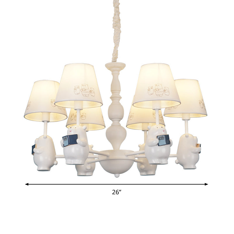 Cartoon Tapered Shade Hanging Lights - 6-Light Fabric Chandelier In White For Living Room