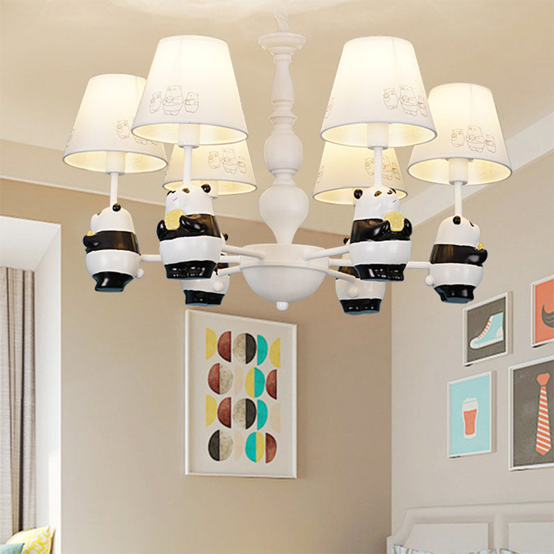 Cartoon Tapered Shade Hanging Lights - 6-Light Fabric Chandelier In White For Living Room