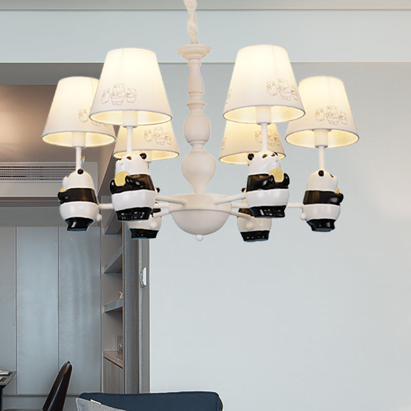 Cartoon Tapered Shade Hanging Lights - 6-Light Fabric Chandelier In White For Living Room