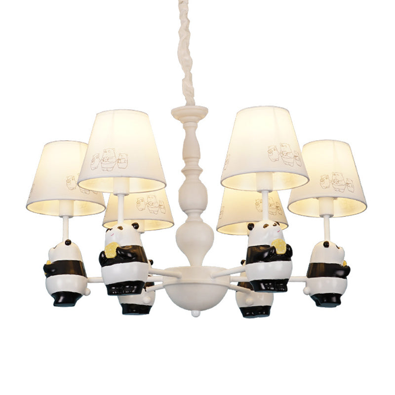 Cartoon Tapered Shade Hanging Lights - 6-Light Fabric Chandelier In White For Living Room