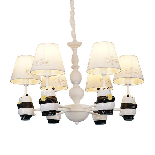 Cartoon Tapered Shade Hanging Lights - 6-Light Fabric Chandelier In White For Living Room