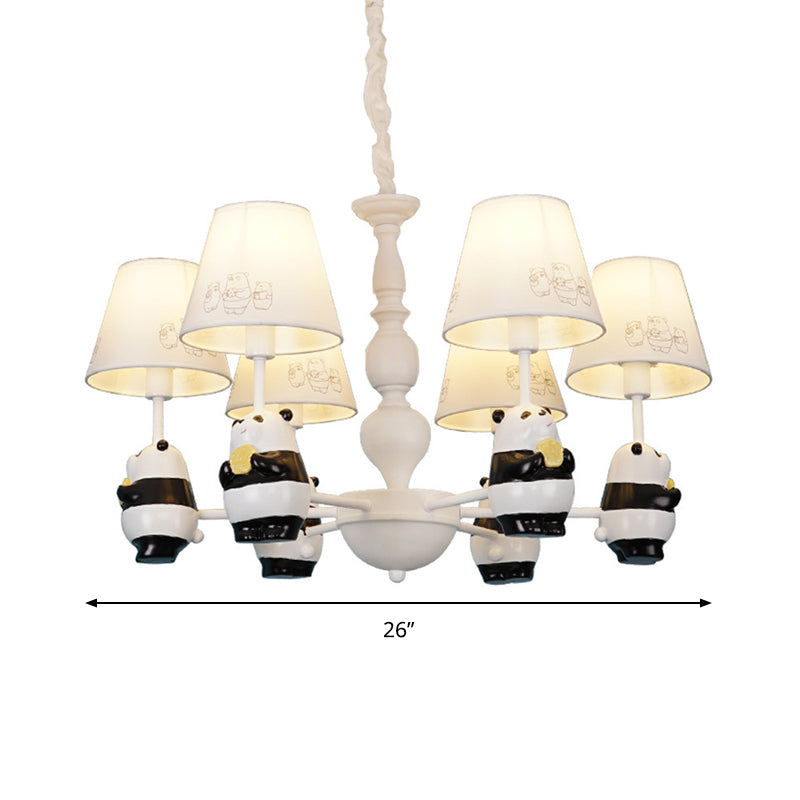 Cartoon Tapered Shade Hanging Lights - 6-Light Fabric Chandelier In White For Living Room