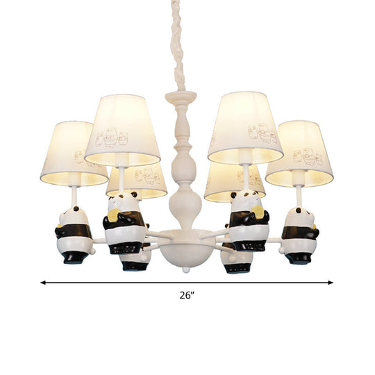 Cartoon Tapered Shade Hanging Lights - 6-Light Fabric Chandelier In White For Living Room