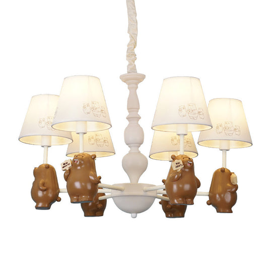 Cartoon Tapered Shade Hanging Lights - 6-Light Fabric Chandelier In White For Living Room