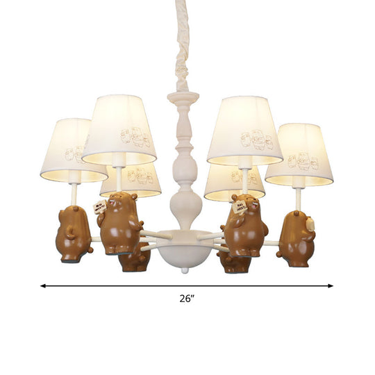 Cartoon Tapered Shade Hanging Lights - 6-Light Fabric Chandelier In White For Living Room