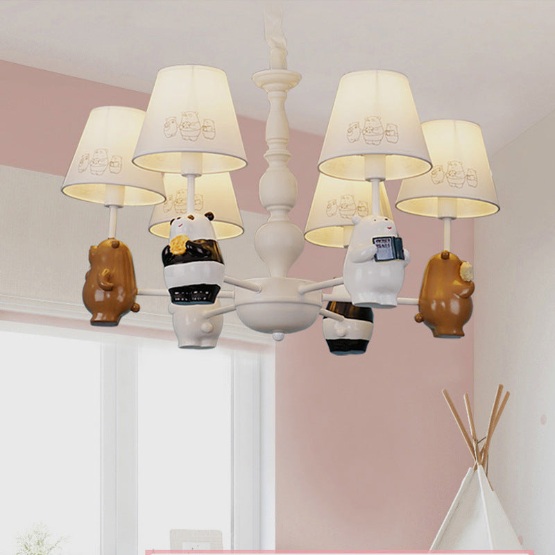 Cartoon Tapered Shade Hanging Lights - 6-Light Fabric Chandelier In White For Living Room