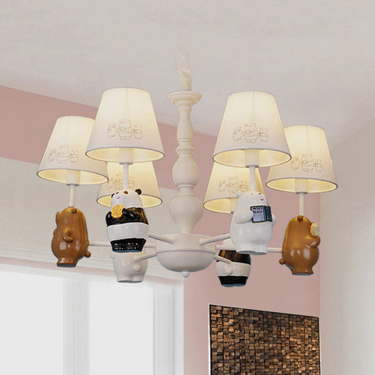 Cartoon Tapered Shade Hanging Lights - 6-Light Fabric Chandelier In White For Living Room