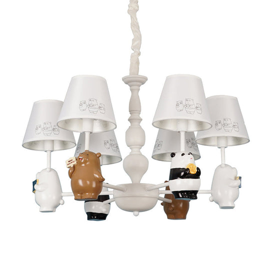 Cartoon Tapered Shade Hanging Lights - 6-Light Fabric Chandelier In White For Living Room