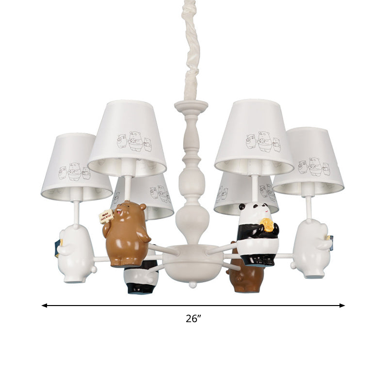 Cartoon Tapered Shade Hanging Lights - 6-Light Fabric Chandelier In White For Living Room