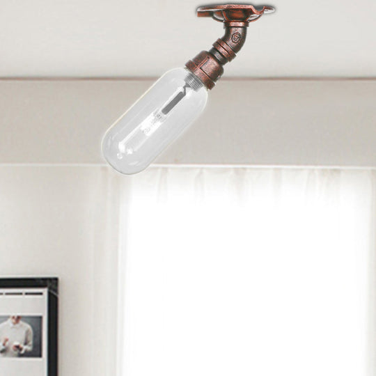 Industrial Bathroom Semi Flush Ceiling Light Fixture with Clear Glass Oval Shade in Weathered Copper and Pipe Design