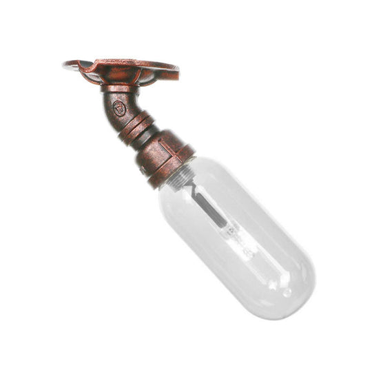 Industrial Bathroom Semi Flush Ceiling Light Fixture with Clear Glass Oval Shade in Weathered Copper and Pipe Design