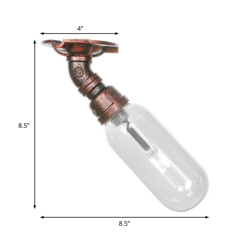 Industrial Bathroom Semi Flush Ceiling Light Fixture with Clear Glass Oval Shade in Weathered Copper and Pipe Design