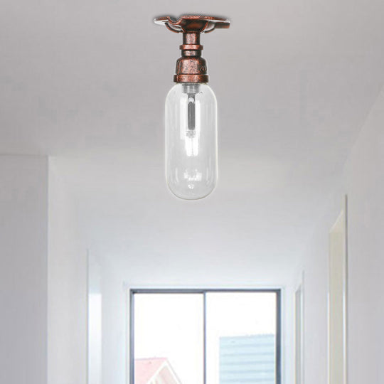 Industrial Bathroom Semi Flush Ceiling Light Fixture with Clear Glass Oval Shade in Weathered Copper and Pipe Design