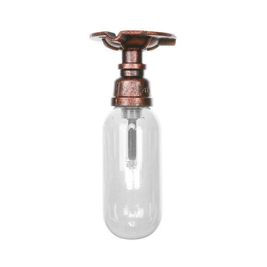 Industrial Bathroom Semi Flush Ceiling Light Fixture with Clear Glass Oval Shade in Weathered Copper and Pipe Design