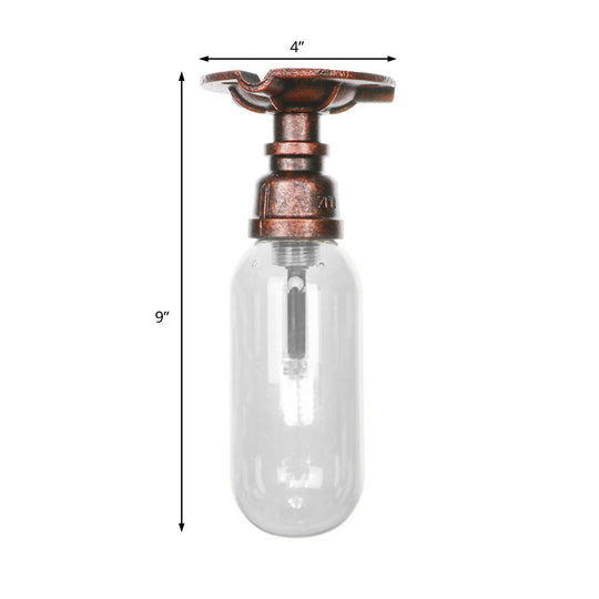 Industrial Bathroom Semi Flush Ceiling Light Fixture with Clear Glass Oval Shade in Weathered Copper and Pipe Design