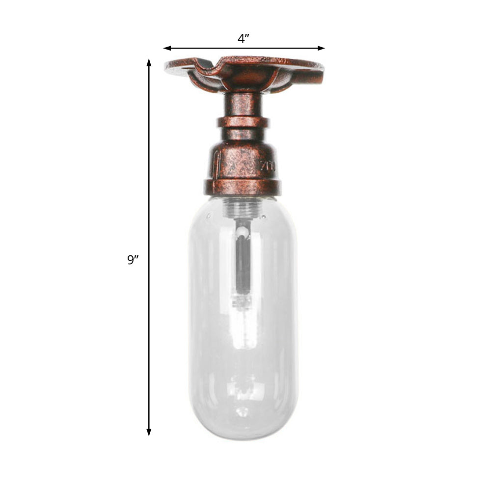 Industrial Bathroom Semi Flush Ceiling Light Fixture With Clear Glass Oval Shade In Weathered Copper