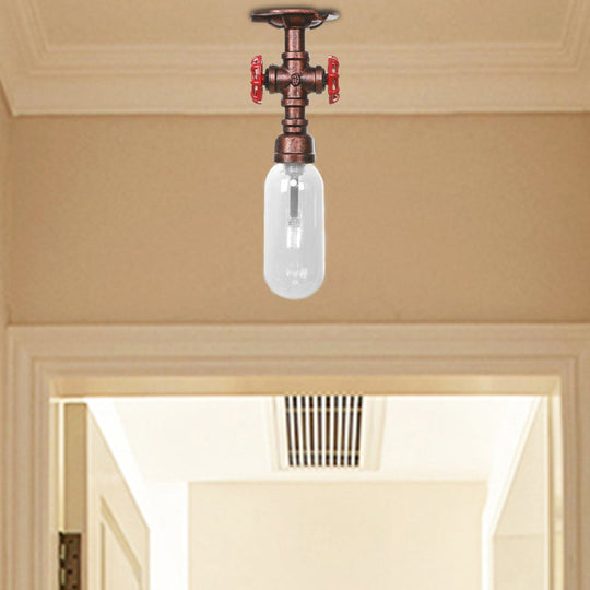 Industrial Bathroom Semi Flush Ceiling Light Fixture with Clear Glass Oval Shade in Weathered Copper and Pipe Design