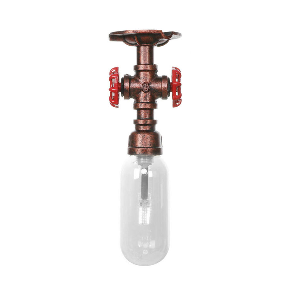 Industrial Bathroom Semi Flush Ceiling Light Fixture with Clear Glass Oval Shade in Weathered Copper and Pipe Design