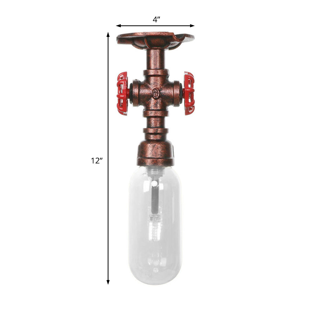 Industrial Bathroom Semi Flush Ceiling Light Fixture with Clear Glass Oval Shade in Weathered Copper and Pipe Design