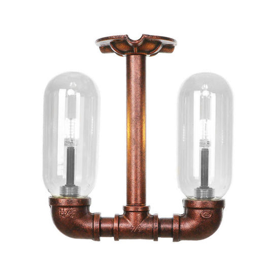 Clear Glass Weathered Copper Ceiling Lighting - Industrial Semi Flush with Pipe Design - 2 Lights