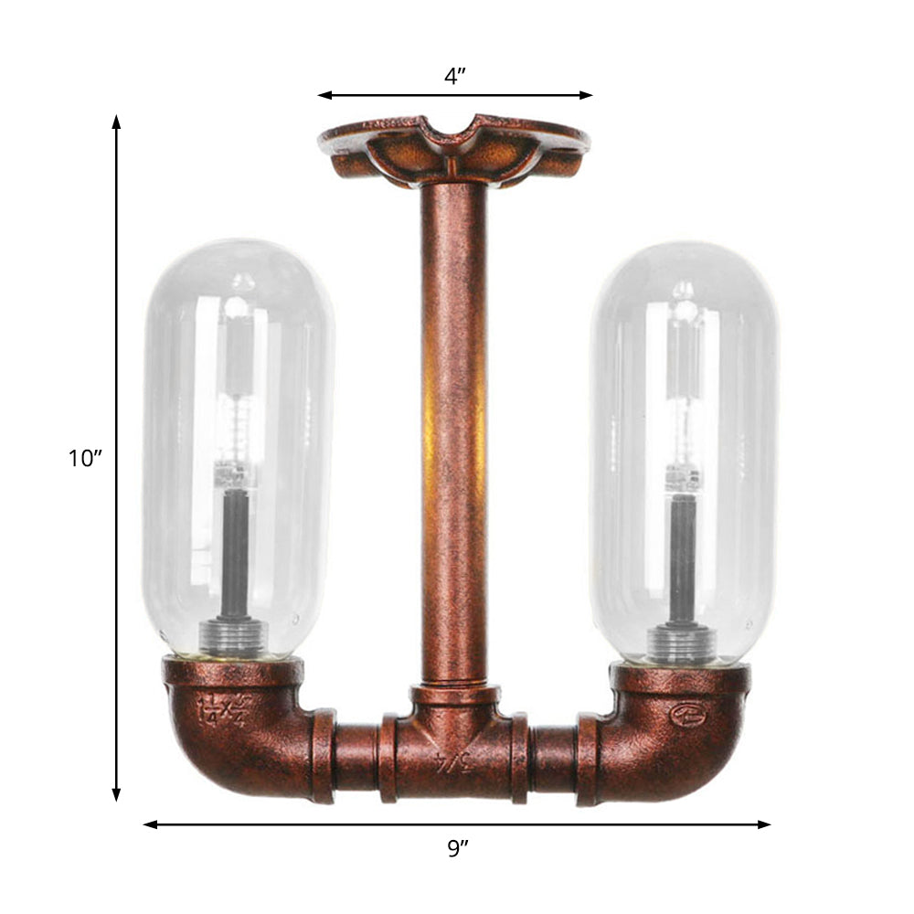 Clear Glass Weathered Copper Ceiling Lighting - Industrial Semi Flush with Pipe Design - 2 Lights