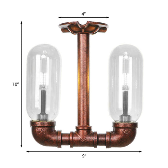 Clear Glass Weathered Copper Ceiling Lighting - Industrial Semi Flush with Pipe Design - 2 Lights