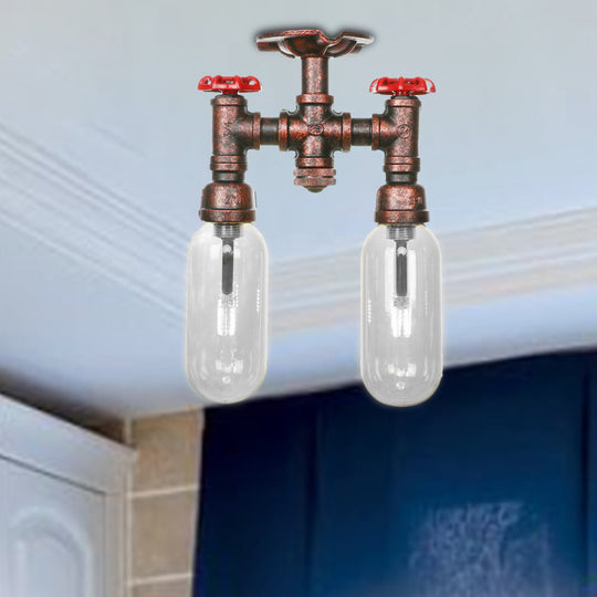 Clear Glass Weathered Copper Ceiling Lighting - Industrial Semi Flush with Pipe Design - 2 Lights