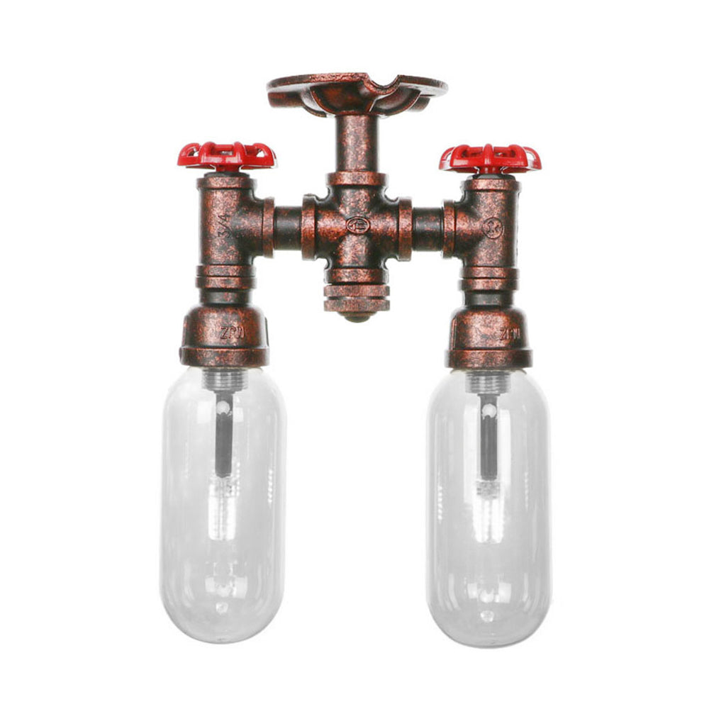 Clear Glass Weathered Copper Ceiling Lighting - Industrial Semi Flush with Pipe Design - 2 Lights