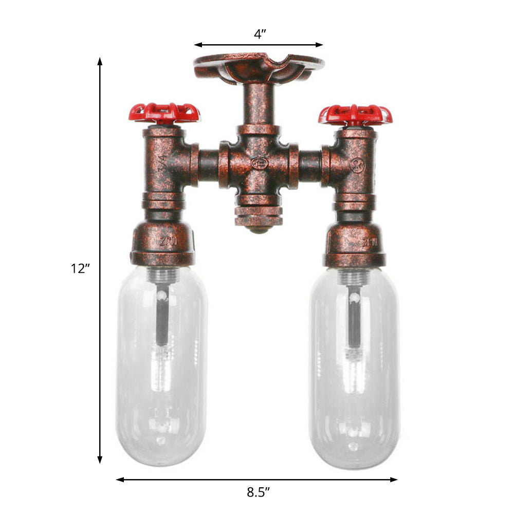 Clear Glass Weathered Copper Ceiling Lighting - Industrial Semi Flush with Pipe Design - 2 Lights