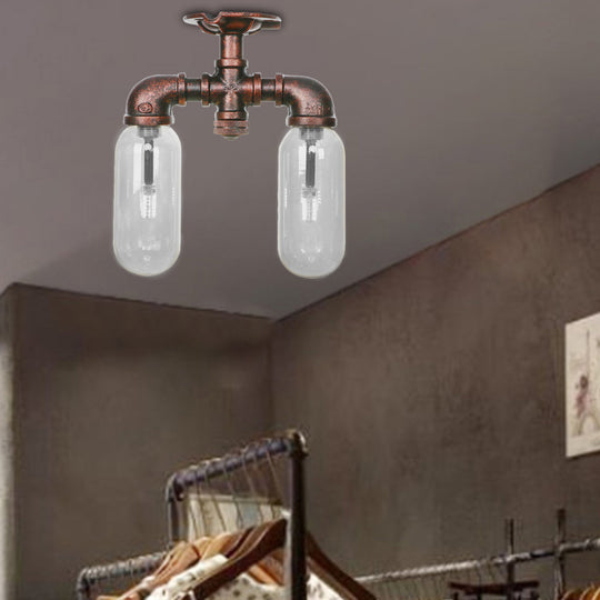 Clear Glass Weathered Copper Ceiling Lighting - Industrial Semi Flush with Pipe Design - 2 Lights