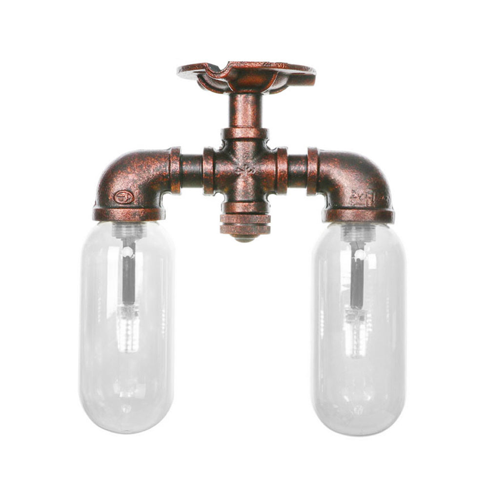 Clear Glass Weathered Copper Ceiling Lighting - Industrial Semi Flush with Pipe Design - 2 Lights