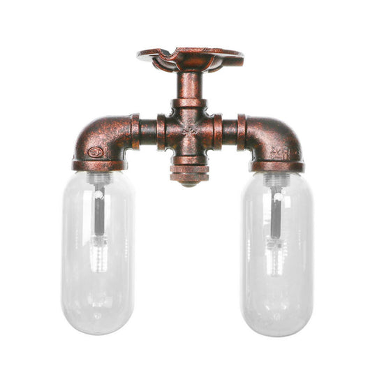 Clear Glass Weathered Copper Ceiling Lighting - Industrial Semi Flush with Pipe Design - 2 Lights