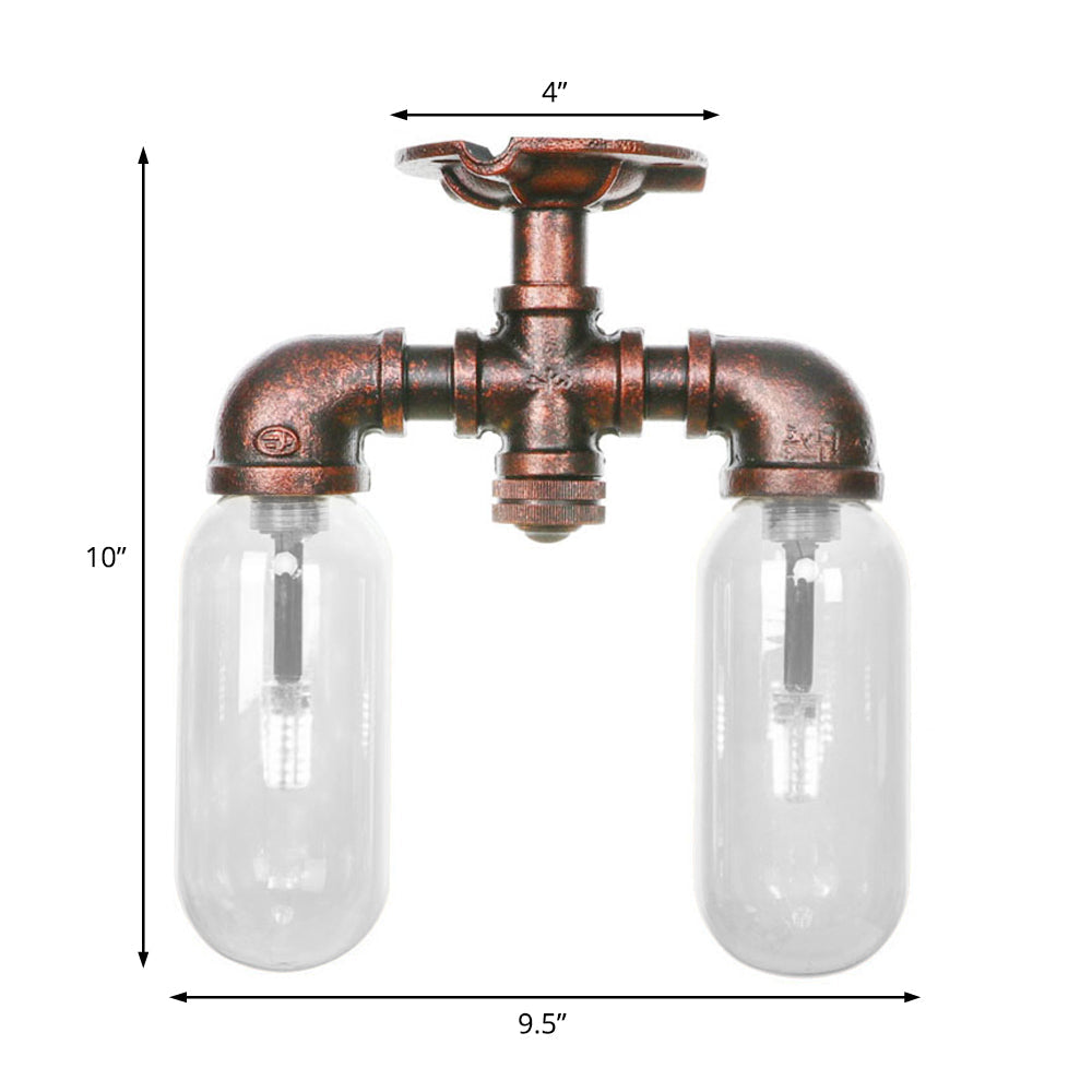 Clear Glass Weathered Copper Ceiling Lighting - Industrial Semi Flush with Pipe Design - 2 Lights